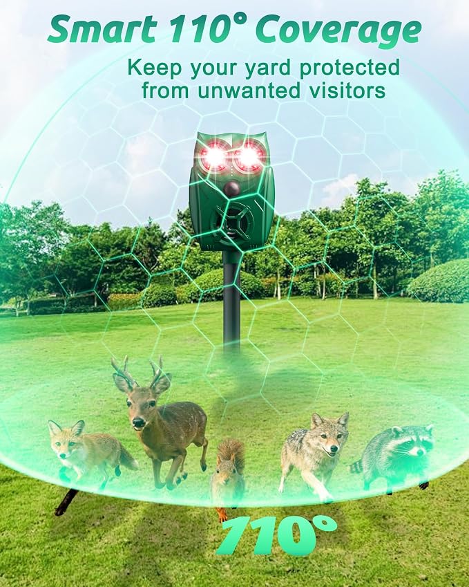 Solar Animal Repellent Ultrasonic Deer Deterrent - 2 Pack Waterproof Adjustable Large Solar Panel with Power Indicator, Motion Sensor & Outdoor Animal Repeller to Deter Cat, Coyote, Raccoon