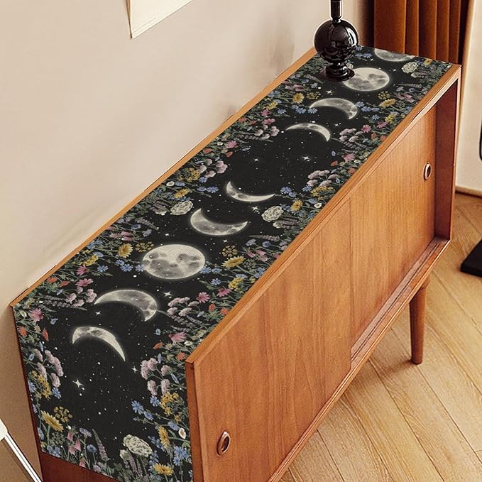 Floral Moon Table Runner, Boho Rustic Spring Flower Moon Phase Seasonal Garden Mystical Gothic Coffee Table Center Decor for Family Kitchen and Living Outdoor Farmhouse Table Decorations, 13"x72"