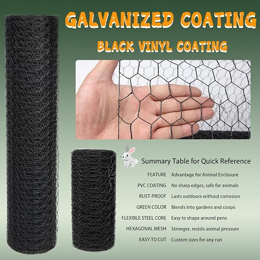 Black 19GA Chicken Wire 36inx150ft, Chicken Wire Fencing, Chicken Fence, PVC Coated Chicken Wire, PVC Coated Wire Mesh for Animal/Rabbit/Floral/Chicken Coop/DIY Projects.