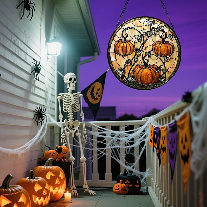 DASTOLL Stained Glass Window Hanging - Halloween Decoration Orange Pumpkin Vine Leaves Suncatcher for Door Garden Spooky Sun Catchers Gothic Decor Horror Gifts for Women Men Friend Boy Girl 6.3 in
