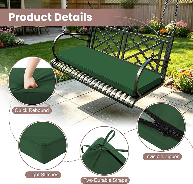 Outdoor Bench Cushions for Outdoor Furniture, 45x18 Inch, Waterproof Patio Furniture Cushion, Fade Resistant Bench Cushions for Porch Swing, Long Bench, Indoor, Dark Green