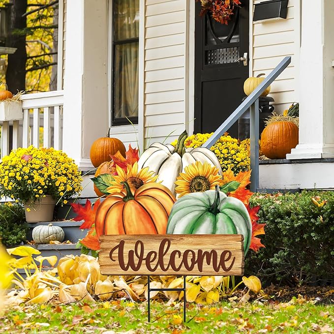 JarThenaAMCS Fall Pumpkin Metal Garden Stakes Green Orange White Pumpkin Decorative Lawn Sign Autumn Harvest Welcome Yard Sign for Thanksgiving Home Outside Lawn Porch Decor