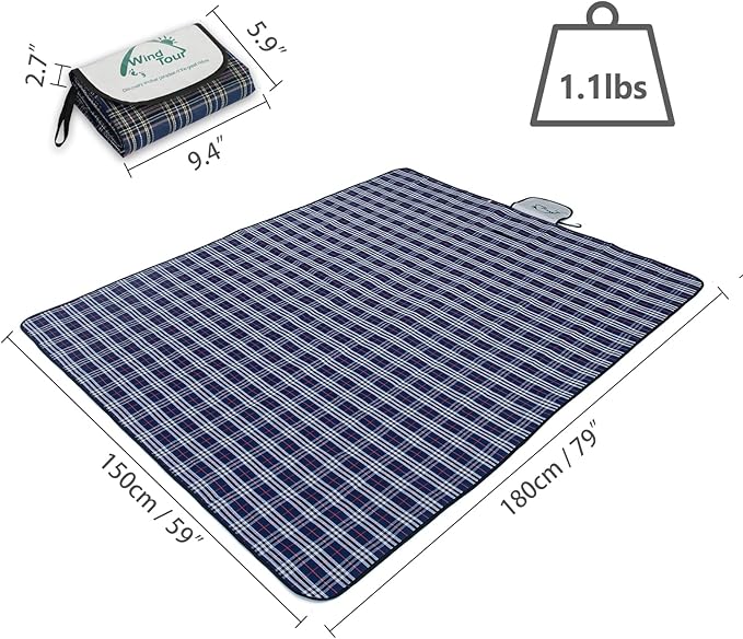 Wind Tour Waterproof Picnic Blanket with Carry Strap - Foldable Sandproof Outdoor Mat for Camping, Beach, Park - 59" x 71",Navy Blue(Single Mat)