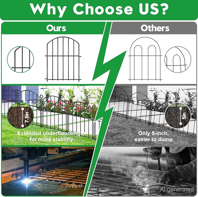 Decorative Garden Fence 17in (H) x15ft (L), Arched Rustproof Metal No Dig Fence for Dogs & Rabbit, Ornamental Animal Barrier for Flower Beds, Border Panels Fencing for Yard & Patio Outdoor Decor