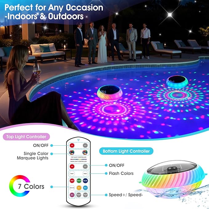 Goallim Floating Pool Lights Solar Charged, 7.6 Inch RGB Upper & Lower Color Changing Solar Pool Lights that Float with Dynamic Lighting Effects, IP68 Waterproof Floating Light for Pool Party Decor(1)