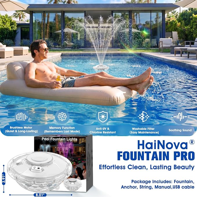 8000mAh Rechargeable Pool Fountain with Lights,2026 Floating Pool Fountain for Above Ground Pool Water Fountain Pump with Anchor, Swimming Pool Fountain Floating Pump for Pool Pond-SnowWhite