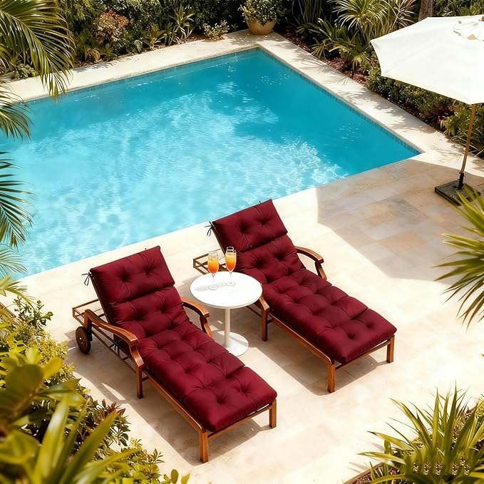 MTMR Chaise Lounge Cushion Outdoor, Non-Slip Chair Cushion for Patio Furniture, Waterproof Outdoor Replacement Seat Pad for Pool Lawn Wicker Couch Bench Loveseat, Long Thick Lounge Cushion, Burgundy
