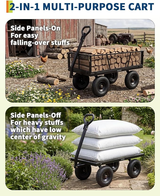 Garvee Versatile Outdoor Utility Cart-1200LBS Heavy-Duty, 13" All-Terrain Pneumatic Tires, Vehicle-Connectable, Easy Maneuverable Lawn Cart with Removable Mesh Panels for Gardening & Landscaping,Black