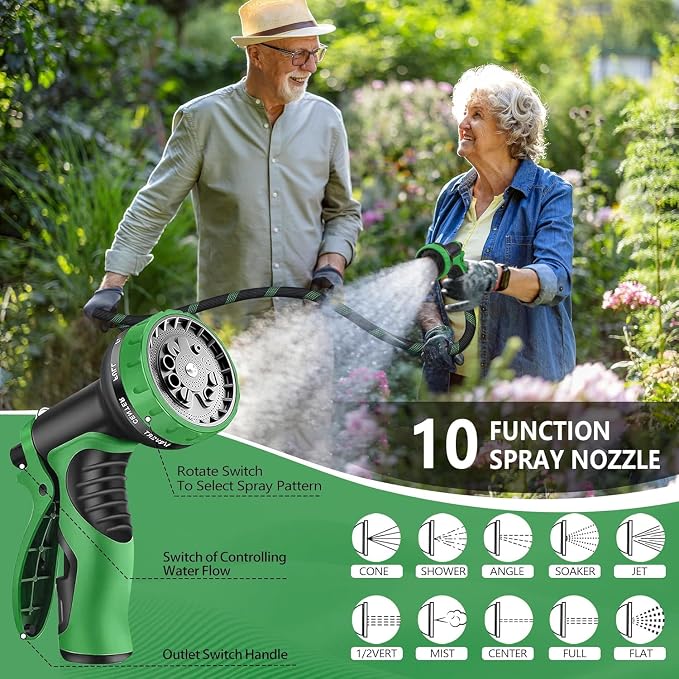 25 ft Non-Expandable Garden Hose, Flexible Ultra Lightweight Durable, Kink-Free Water Hose with 10 Function Sprayer - Non-Tangle,Puncture Proof pipe, Easy to Store, All-Weather Use Garden Hoses