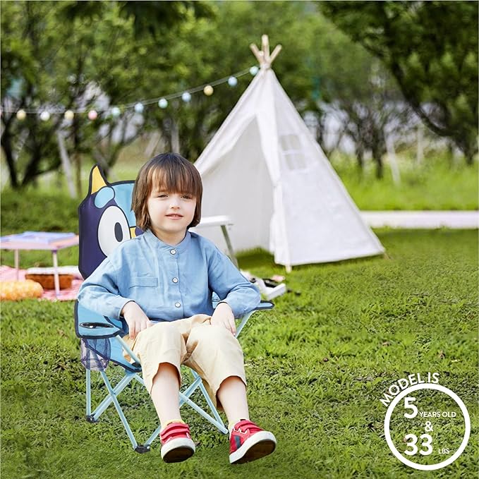 Bluey Kids Folding Camp Chair, Portable Outdoor/Indoor Chair with Carry Bag, Cup Holder, High Back, Lightweight & Durable for Ages 3+
