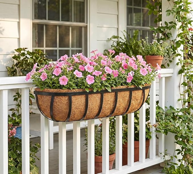 Y&M 2pcs 24 Inch Window Deck with Coco Liner, 24" Window Boxes Horse Trough with Coconut Coir Liner, Black Metal Hanging Flower Planter Window Basket Deck Railing Planter Boxes for Outdoor Indoor