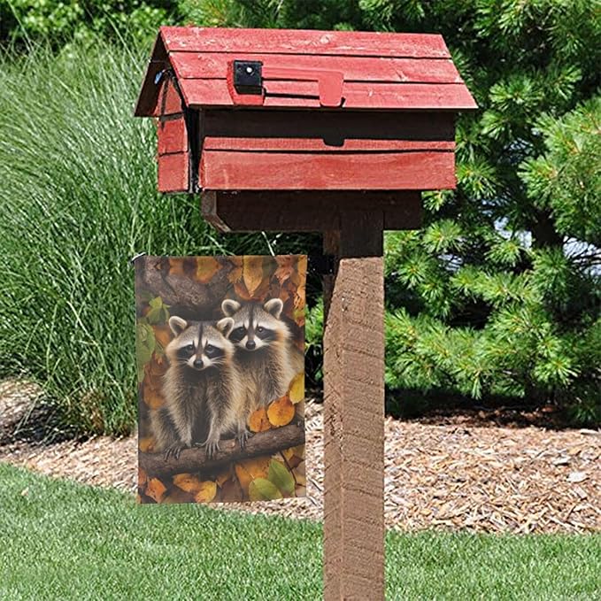 Delerain Cute Raccoon Garden Flag, 12.5 x 18 Inch Double Sided Design Weather Resistant Indoor & Outdoor Decoration Small Banner for Home Yard Lawn Patio Office