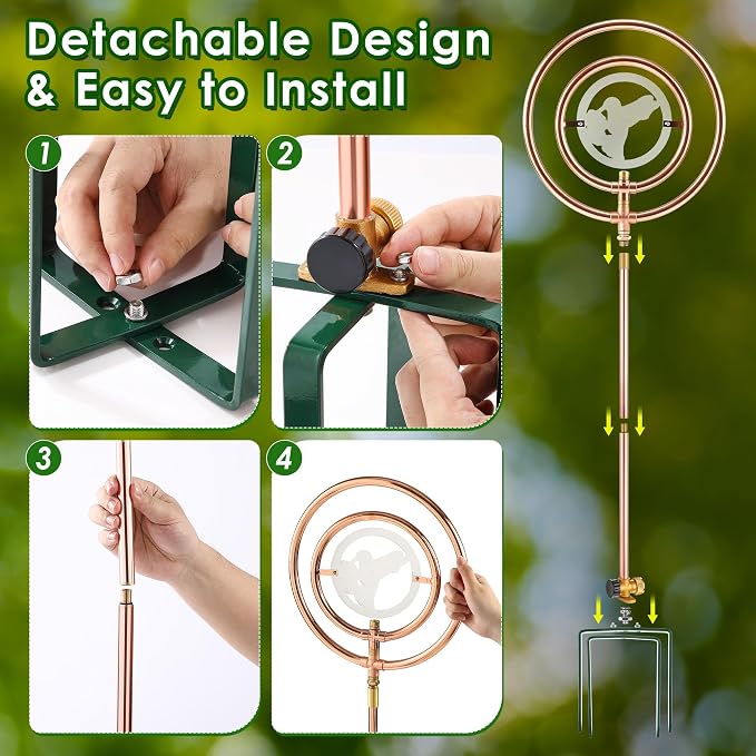 34" H Copper Coated Stainless Steel Ornamental Sprinkler, Corrosion Resistant Garden Rotating Sprinkler 360 Degree Shape Decorative for Lawn Garden Landscape(Double Ring Clear Bird)