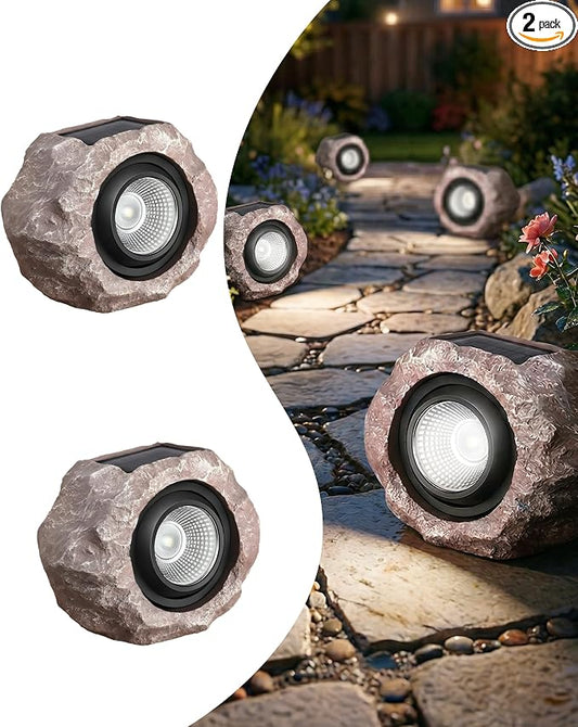 2 Pack Solar Rock Lights Outdoor, Angle Adjustable Solar Lights Outdoor Waterproof, LED Solar Garden Lights, Auto On/Off Landscape Lighting for Yard Pathway Patio Flower Bed - White Glow (Stone Brown)
