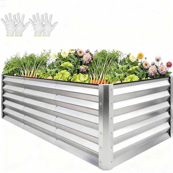 YITAHOME 8x4x3ft Large Raised Garden Bed Kit, Galvanized Metal Planter Box with Gloves, Support Rod & Safety Rubber, Outdoor Above Ground Planters for Plants Vegetables Flowers,Silver Gray