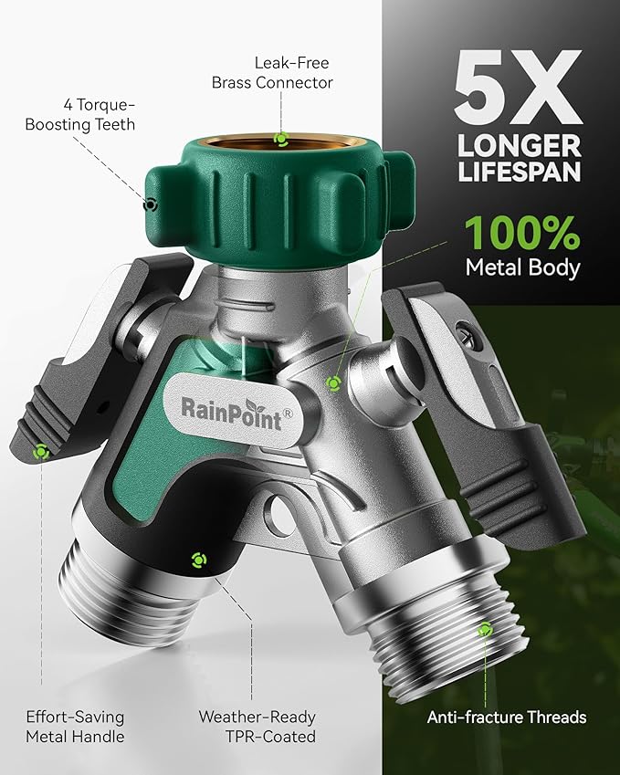 RAINPOINT Garden Hose Splitter 2 Way, All Metal Heavy Duty Water Hose Y Splitter With 2.05" Extra Long Side Handle & Shut Off Valves, 3/4 Inch GHT Thread Connector For Spigot Faucet (Dark Green)