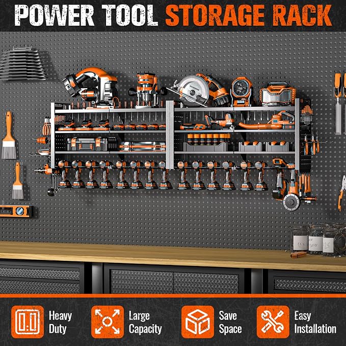 66" W Super Large Power Tool Organizer Wall Mount,Heavy Duty Cordless Tool Organizer with 18 Drill Holder,600 Lbs Capacity 4-Layer Garage Organization for Garage and Workshop (Black)