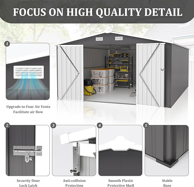 YOPTO 10x14 FT Outdoor Storage Shed, Extra Large Metal Garden Shed with Waterproof Roof, 4 Vents and 3 Lockable Doors,All-Weather Tool Shed Storage House for Backyard, Patio, Lawn,Dark Grey