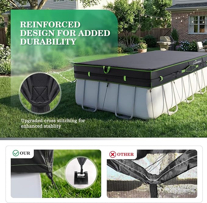 UIRWAY 500D Pool Cover 12x24FT Rectangular [2026 Upgraded Heavy Duty Fabric] Solar Pool Covers for Above Ground Pools, Swimming Pool Covers Including Windproof Straps and Luminous Ground, UV Resistant