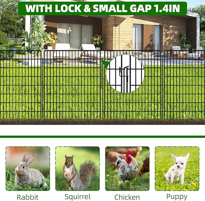 5 Panels Garden Fencing Animal Barrier with Lock, 33 in(H) X 12 ft(L) Dog Fence Outdoor for Yard Rustproof No Dig Decorative Tall Garden Fence Metal Wire Panel Border Rabbit Ground Stakes Fencing