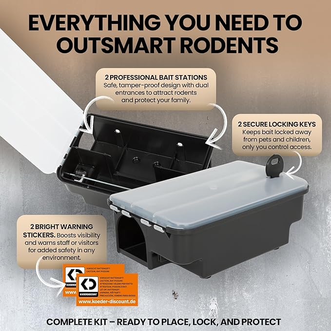 Professional Rat & Mouse Bait Station – 2 Lockable Weather-Resistant Rat Trap Boxes with Clear Lid & Dual Entry – Reusable Rodent Control (Bait Not Included)