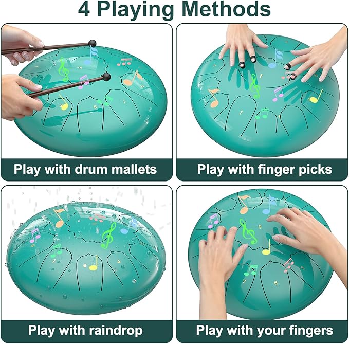 D Major Steel Tongue Drum Handpan, 12 Inch 13 Note Rain Drum for Outside Garden, Meditation Rain Chime, Musical Percussion Instrument for Adult Gift with Bag, Music Book, Drum Mallets (Lake Blue)