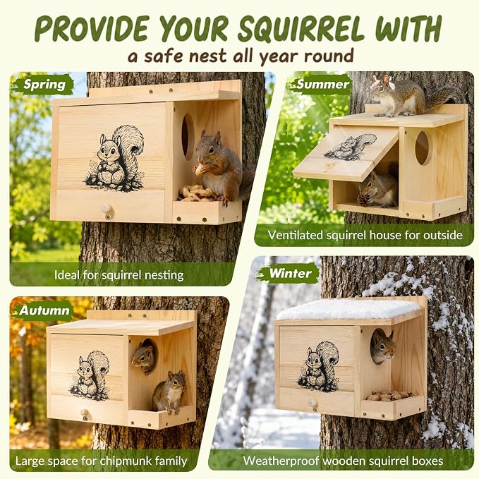 Large Squirrel House for Outside, Squirrel Nesting Box with Squirrel Feeder | Anti-Predator Solid Wood Squirrel Box for Backyard, Waterproof Squirrel feeders for outside, Easy to Assemble,14×11×7.5 Inch