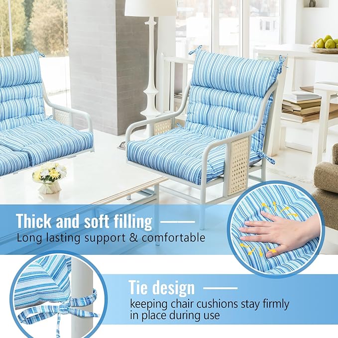 Sintuff 4 Pcs 44 x 21 x 4 Patio Chair Cushions Outdoor Chair Cushion Seat/Back Tufted Pillow with Ties Water Resistant Replacement Indoor Patio Furniture Outdoor Furniture (Stripe,Blue Stripes)