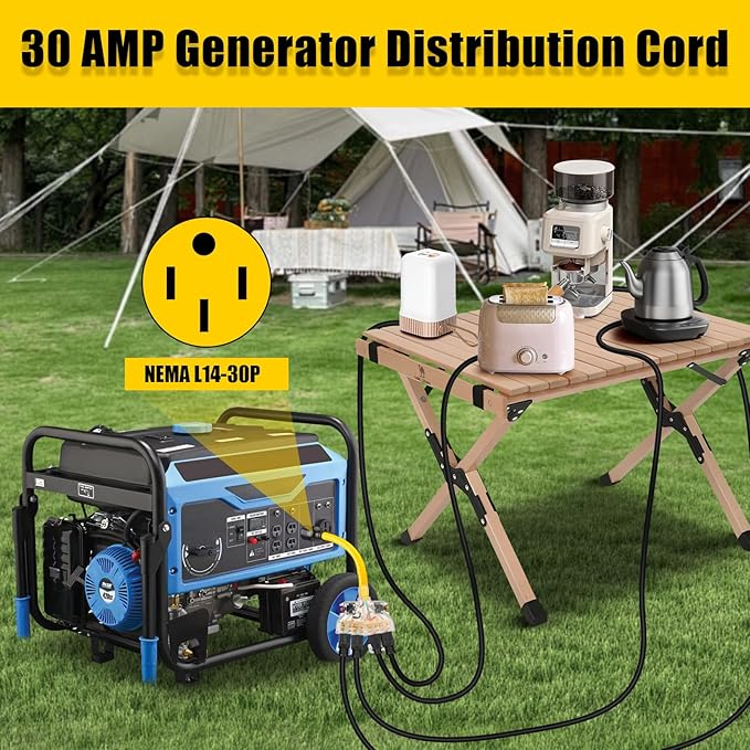 30 Amp to 110 Outdoor Generator Adapter Power Cord with Circuit Breaker, 4 Prong Locking 30 Amp to 15 Amp Generator Adapter, NEMA L14-30P Male to 4X 5-20R T-Blade Female,ETL Listed