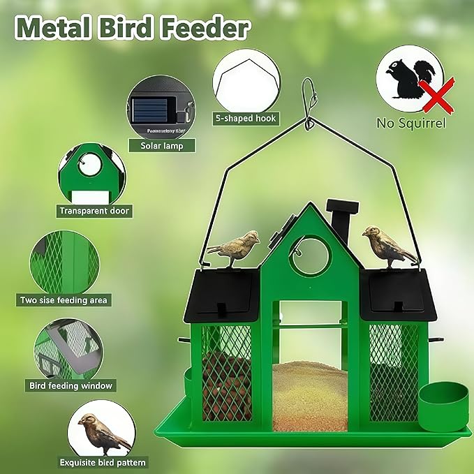 Solar Bird Feeders House for Outside Hanging, Metal Wild Bird Feeder for Outdoors Large Capacity Cardinal Birdfeeder Birdhouses Metal Bird Feeding Station Green