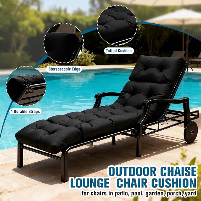 MTMR Chaise Lounge Cushion Outdoor, Non-Slip Chair Cushion for Patio Furniture, Waterproof Outdoor Replacement Seat Pad for Pool Lawn Wicker Couch Bench Loveseat, Long Thick Lounge Cushion, Black