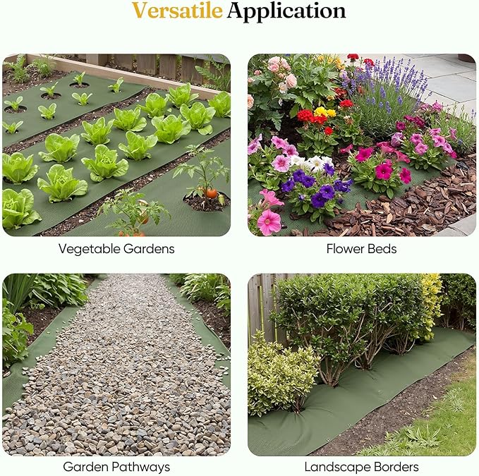 Grenebo Weed Barrier Fabric, 4FT x 50FT, Non-Woven Landscape Fabric, No-Fraying and Easy to Cut, Highly Permeable and Breathable, with 15 U-Shaped Stakes, for Gardens, Flower Beds and Vegetable Plots