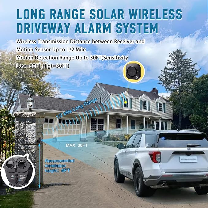 Driveway Alarm Systems Weatherproof Outdoor Motion Detector & Sensor with120dB Siren, Sound and Light Alert Systems Makes it Easy to Monitor & Protect Outdoor/Indoor Property(2R1S)