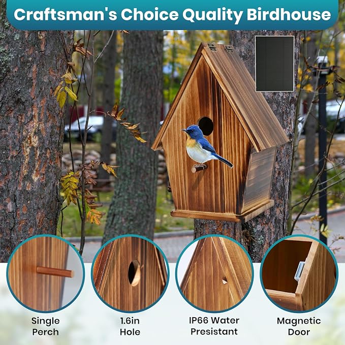 Smart Bird House with Camera, 1080P HD Birdhouse with Camera Inside Solar Powered 2.4G WiFi & App Notify, Bird Houses for Outside with Nest Auto Capture Photo & Video