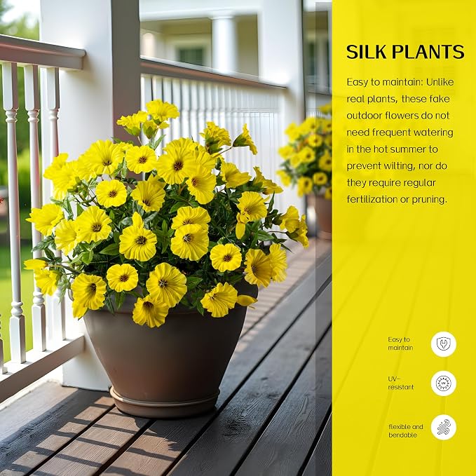Yellow Artificial Morning Glory Flowers for Outdoor Planters, Premium UV Resistant Silk Faux Flowers for Porch, Hanging Basket & Window Box, Spring Garden Decor, No Pot, 13.3 Inch, 4 Bundles