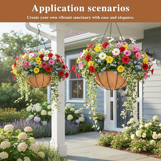 4 Pack Hanging Planter for Outdoor Plants 16 inch Metal Hanging Flower Basket with Coco Coir Liner Round Wire Plant Holder Chain Flower Pots Outdoor Garden Decoration Watering Hanging Baskets(XG)