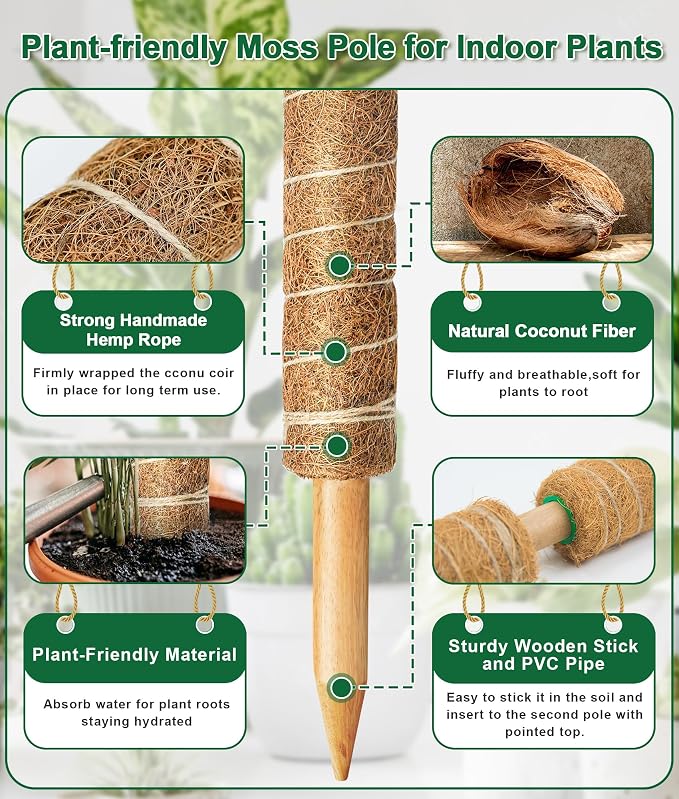 EAONE 96'' Moss Pole for Plants Indoor, 6 Pack 16” Monstera Plant Support Moss Stick for Climbing Plants, Stackable Coir Totem Pole Monstera Stakes with 12 Plant Labels & 100 Ties for Potted Plants