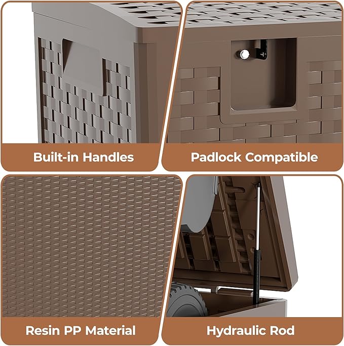 Resin Deck Box, 73 Gal Outdoor Storage Box Waterproof Lockable, Patio Square Deck Box For Package Delivery, Outside Storage Box Container for Furniture Cushions, Garden Tools, Pool Accessories, Brown