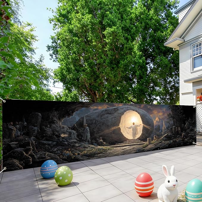 Christian Easter Resurrection Fence Banner 118 x 35 Inch, Large Waterproof Outdoor Religious Banner with Empty Tomb Scene for Yard Church Fence Decorations
