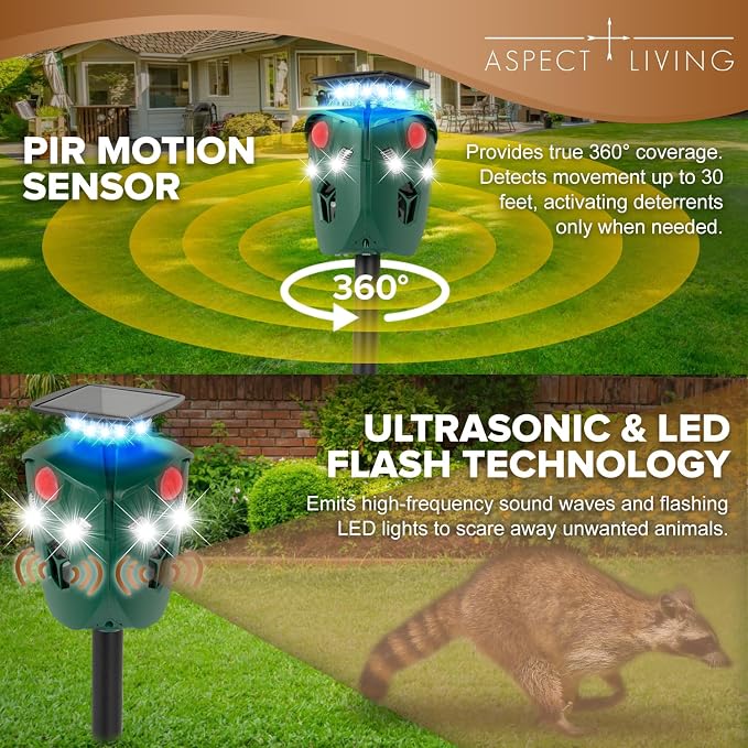 Solar & USB Powered Ultrasonic Animal Repeller, 360° Outdoor Motion-Activated Deterrent with 3 PIR Sensors & Flashing LED Lights, Waterproof Pest Repellent for Yard & Garden
