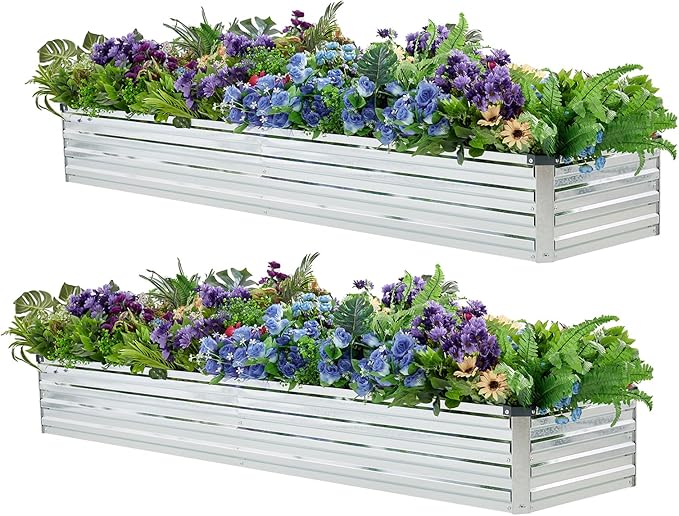 Meberam 2 Pack 8x2x1FT Galvanized Raised Garden Bed Kit, Outdoor Metal Planter Box for Vegetables, Bottomless Rectangular Gardening Bed with Support Rods, Tool-Free Assembly, Silver
