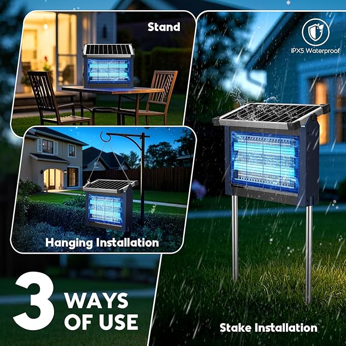 Solar Bug Zapper Outdoor, Waterproof Mosquito Zapper Outdoor Solar Powered, 4500V Electric Bug Zapper Indoor w/Smart Light Sensor, Mosquito Trap Fly Zapper for Patio Kitchen Garage Yard Camping