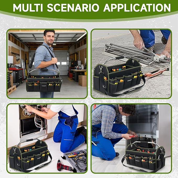 16 In Electrician Tool Bag, Foldable Bags For Men Heavy Duty, Open Top Tool Tote, 30 Pockets Can Hold Many fittings, Organizer Stainless Steel Handle and Removable Shoulder Strap