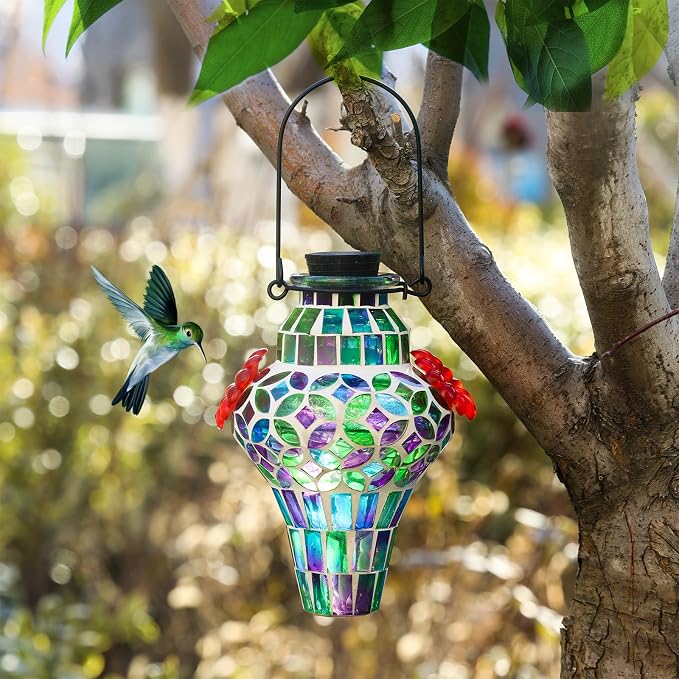 VOREEN Mosaic Glass Hummingbird Feeders for Outdoors Hanging, Hand Blown Hummingbird Feeders, Porch Garden Backyard Decor, Decorative Gift for Mom Wife Friend, 2pcs, Blue and Purple