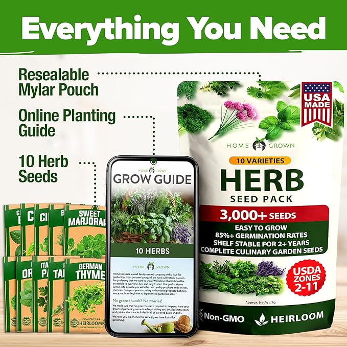 HOME GROWN 10 Herb Seeds for Planting 3,000+ Non-GMO Heirloom Seeds | Extra Large Variety Pack Herb Kit – Indoor Outdoor & Hydroponic | Culinary Seed Set | Grow Your Own Herbs | Gift for Beginners
