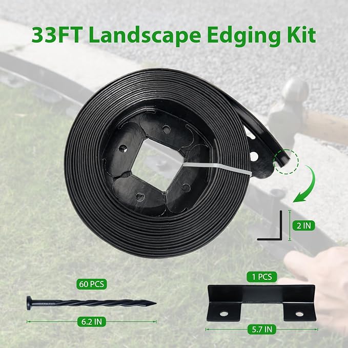 Landscape Edging Border 33 FT 2 Inch Tall with 60 Spikes, Plastic Edging for Landscaping, Garden Edging Border， Flower Bed, Paver and Lawn Edging Border, Black