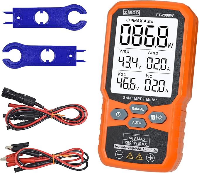 ZIBOO FT-2000W Solar Panel Tester MPPT Meter - 2000W Max Power, 150V/35A PV Module Tester for Voc/Isc, Open Circuit Voltage & Short Circuit Current, with Backlight & Data Hold