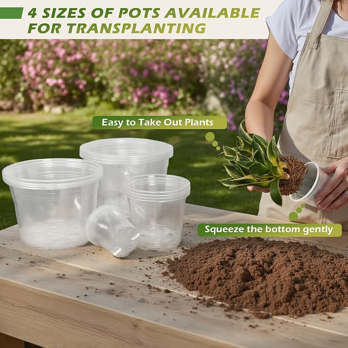8 Inch Large Size Clear Nursery Pots with Drainage Holes, 10 Packs Plastic Pots for Plants, Transparency Durable Seedling Starter Pot for Succulents Flowers Herb Vegetables