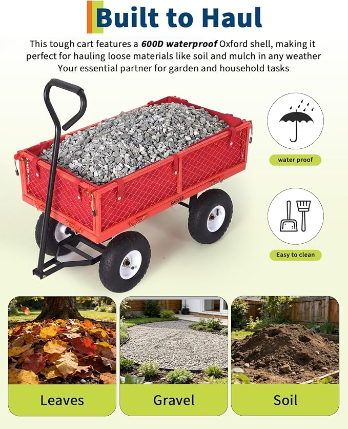 Garvee Versatile Outdoor Utility Cart-400LBS Heavy-Duty, 10" All-Terrain Pneumatic Tires, Easy Maneuverable Lawn Cart with Removable Mesh Panels for Gardening&Landscaping, Red, with Waterproof Liner