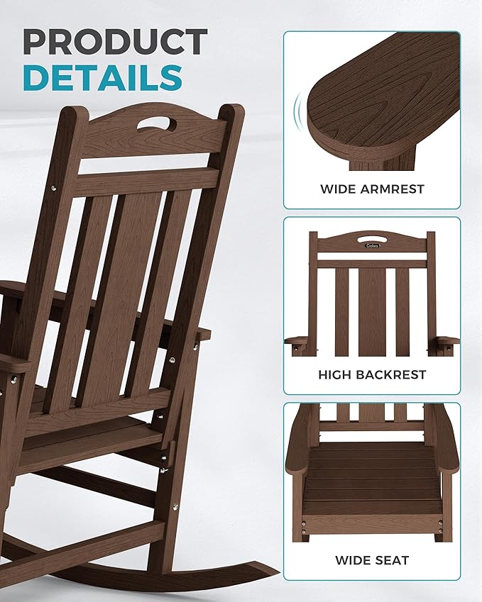 Ciokea Outdoor Rocking Chair, HDPE Porch Rocking Chairs for Outside, All-Weather Comfortable Patio Rockers for Front Deck Balcony, Espresso